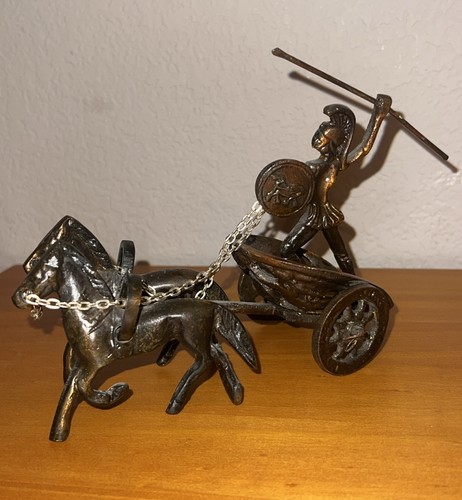 Vintage Roman Centurion Solider In Chariot With Horses Brass Copper Tone Heavy - Picture 3 of 6