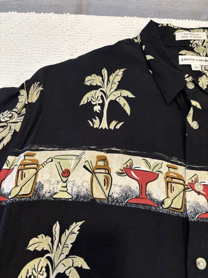 Vtg. Men’s L Pierre Cardin 100% Rayon Hawaiian Shirt SS Retro Drinks Palm Trees - Image 3 of 4