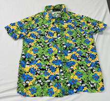 Disney Hawaiian Shirt Mens Large Mickey Mouse Blue Green Floral Rayon Button Up