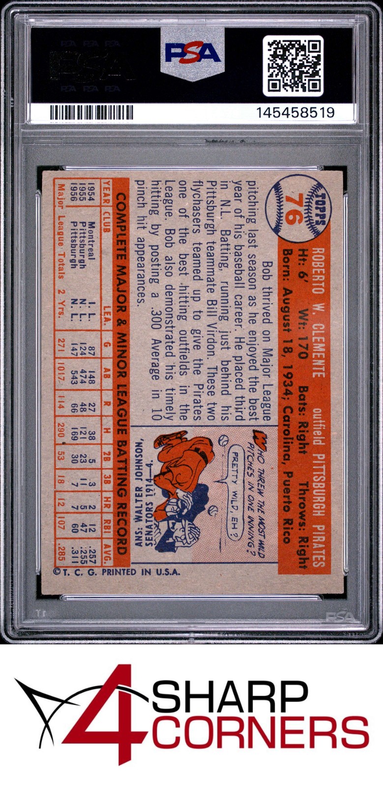 1957 TOPPS #76 ROBERTO BOB CLEMENTE PIRATES HOF PSA 6 view 2