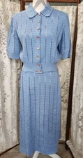 Antique  1930s Knit Crochet Blue Cotton Skirt  Set  M/L