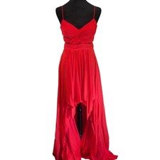 Hailey Logan by Adrianna Papell Pleated Chiffon High-Low Prom Gown Coral Red 3/4