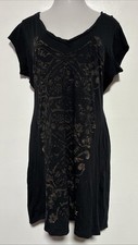 Vtg Y2K GAP T-Shirt Dress Reverse Floral VNeck Black Cotton Short Sleeve Knee XL