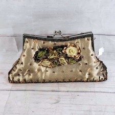 Beaded Clutch Evening Bag Rose Embellished Taupe Satin Kiss Lock Closure