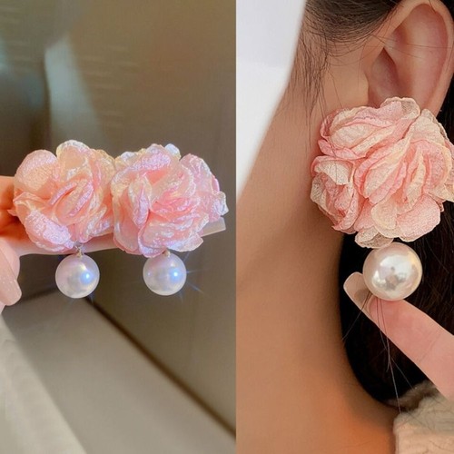 High-quality Pink Large Flower Earrings Design Sense Pearl Pendientes Women - Picture 5 of 5