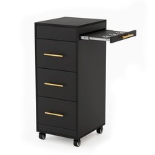 Salon Trolley Cart with Wheels Wooden Hair Storage Cabinet with Drawers Black