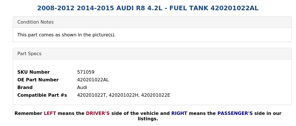 2008-2012 2014-2015 AUDI R8 4.2L - FUEL TANK 420201022AL
