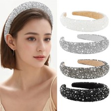 Beaded Crystal Pearl Baroque Headband Wide Cross Sparkly Bling Hair Bands Women
