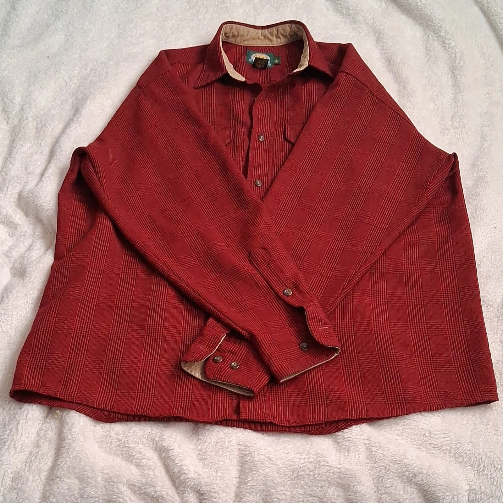 Cabela's Men's Plaid Red Polyester Outdoor Gear Button-Up Shirt Long Sleeve L