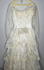 DEFECTIVE Vintage Tiered Floral Lace Wedding Dress Long Sleeves With Tra G3D