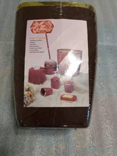 Kami 7-piece plastic bathroom accessory set burgundy gold top trim