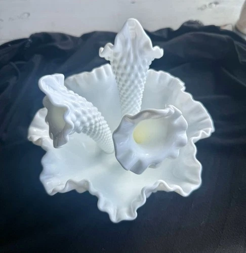 Vintage Fenton Hobnail Milk Glass 3 Horn Trumpet EpergneVase Ruffled Bowl