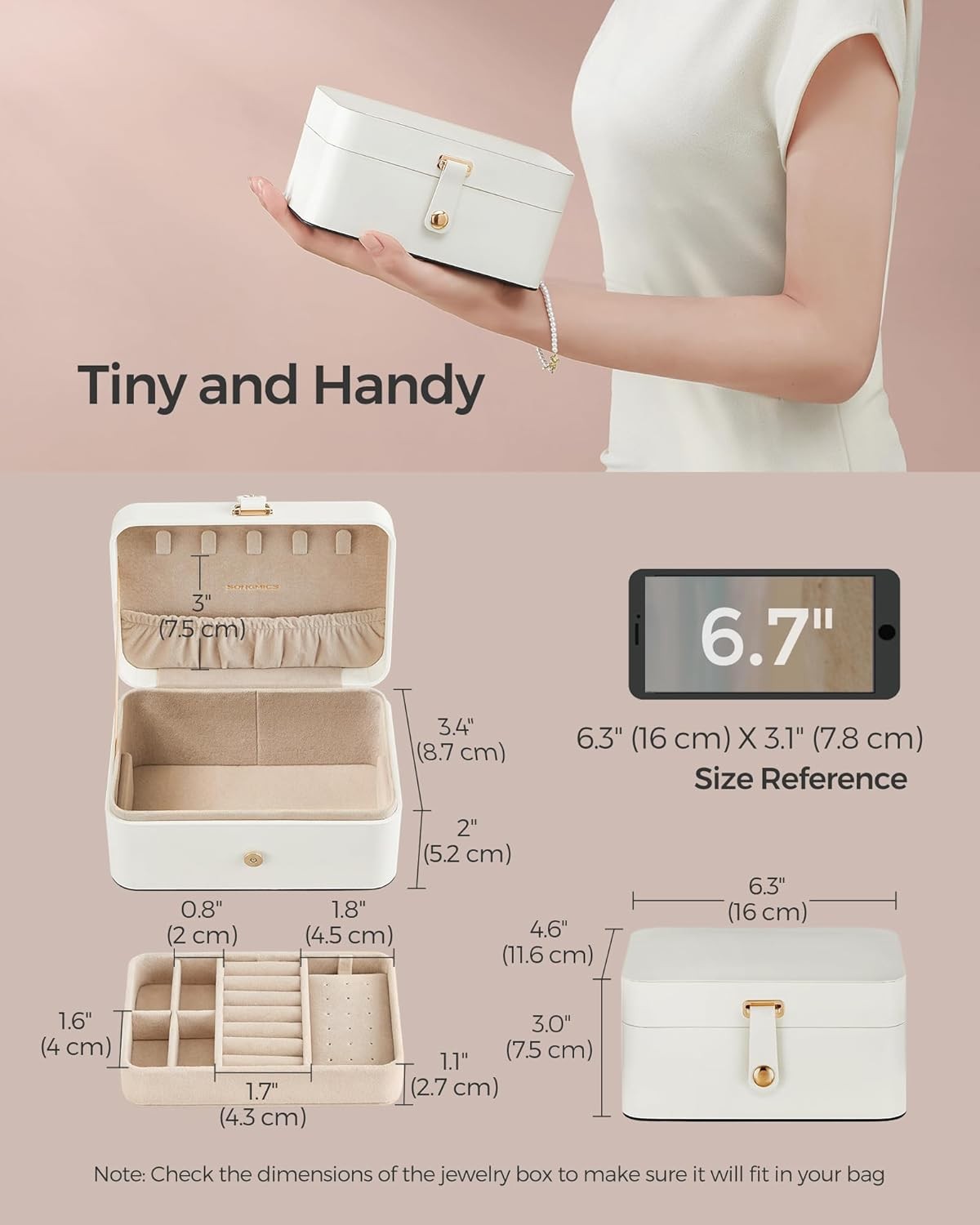 SONGMICS Jewelry Organizer Box, 2-Layer Travel Case for Earrings, Necklaces, Bra