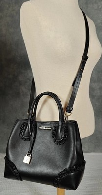 Michael Kors Mercer Gallery Small Ruffled Black Leather Satchel Purse Crossbody 
