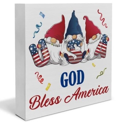 God Bless America Gnome Wooden Box Sign Rustic 4th of July Patriotic Decoration