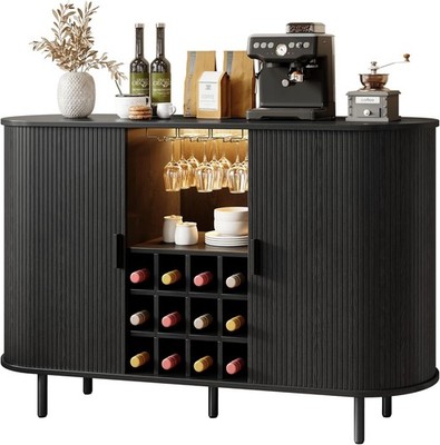 55'' Wine Cabinet, Fluted Coffee Bar Cabinet with LED Light, Modern Liquor