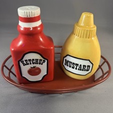 Retro Ceramic Ketchup And Mustard, Salt, And Pepper Shakers With Basket