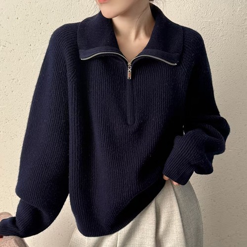 Zipper Turtleneck Wool Knitted Sweater Top Women's Fashion Loose Jumper Pullover - Bild 3 von 15