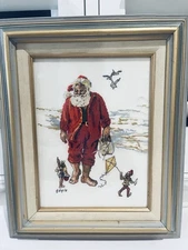 Santa On The Beach Cross Stitch hand made, Professionally Framed Xmas 14” X 17”