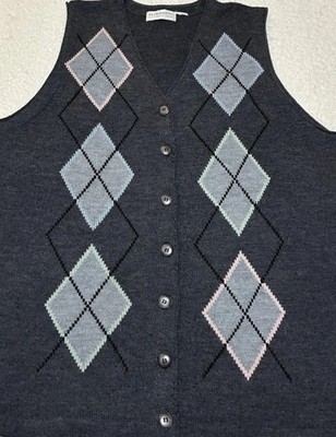 Vintage 90S  Elizabeth Claiborne Argyle Sweater Vest Grey Blue Pink Gr Mint J40