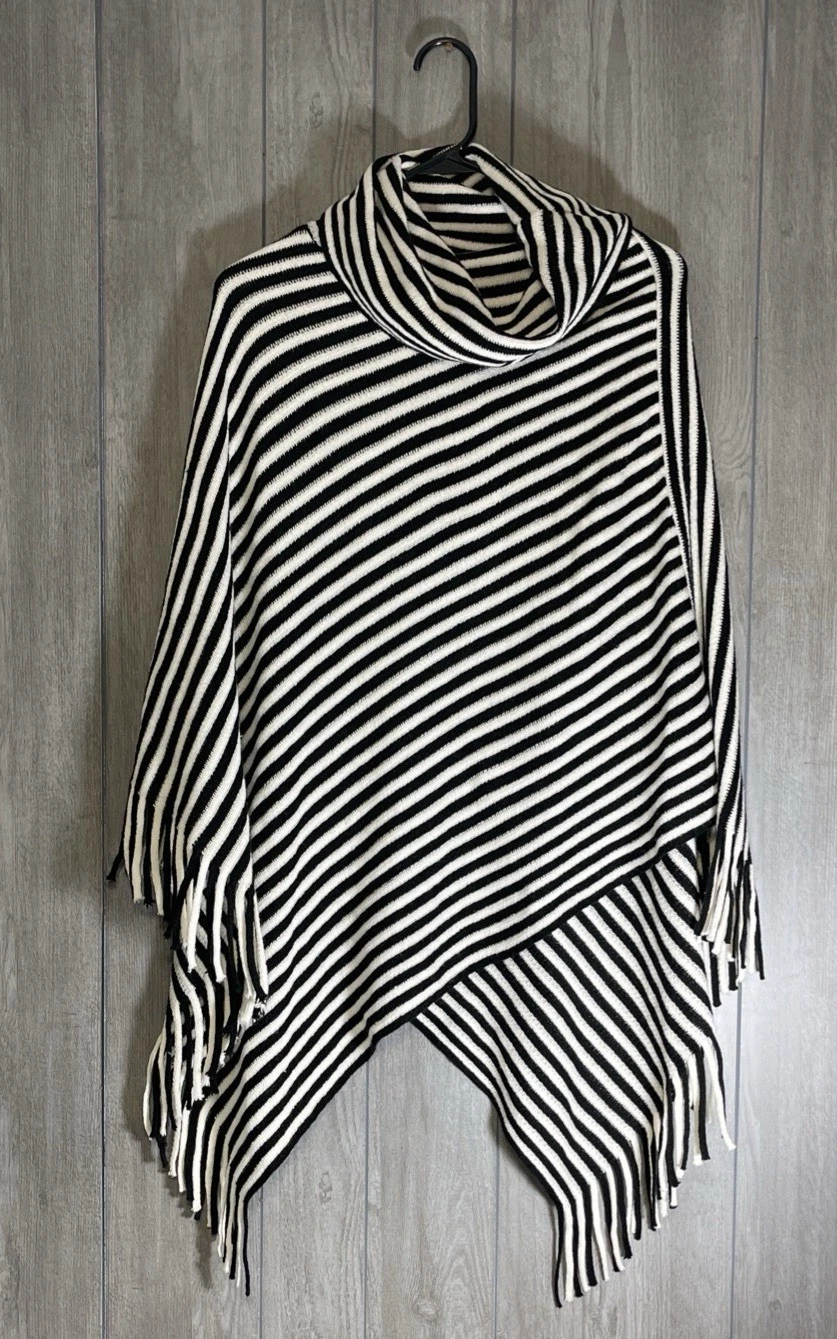 Chico’s Black & White Sassy Stripes Cowl Neck Poncho Womens One Size Fits All