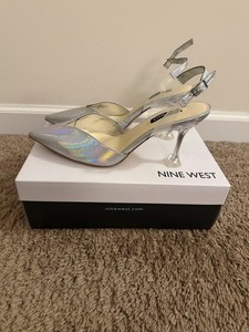 BNWT Nine West Silver Metallic Heat3 Heels, Size 8