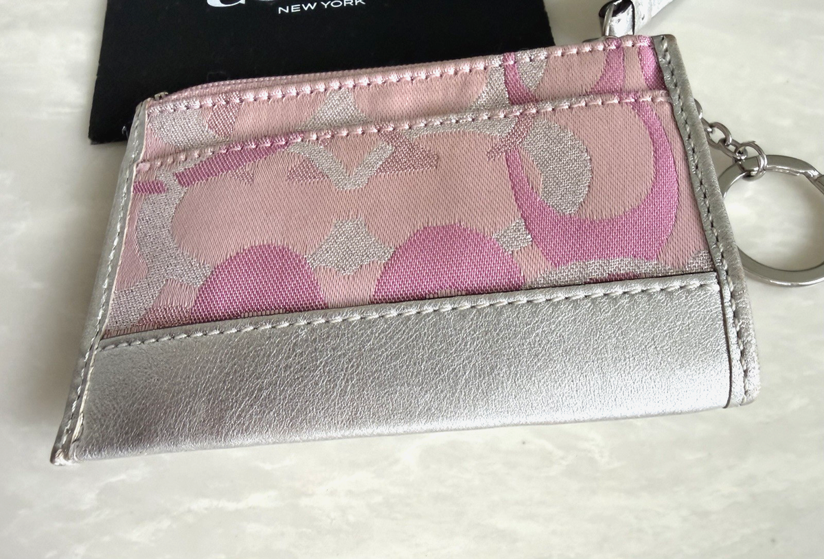 COACH PINK / SILVER SIGNATURE LUREX SMALL CARD CASE ZIP COIN PURSE
