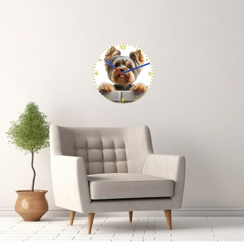 Quartz Clock, Yorkshire Terrier Peeking Over Wall 200mm or 300mm Battery Include - Picture 4 of 7