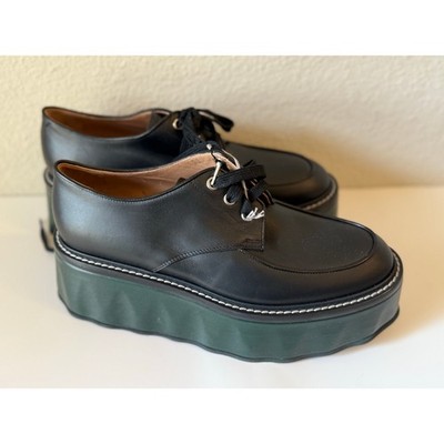 NWT Marni Leather Lace-Up Platform Wedge Loafer Shoes Black / Green 38.5 / US 8
