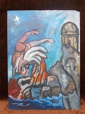 MODERNIST 1987 ACRYLGEMÄLDE AUF SCHIEFER VON IKARUS GRIECHISCHE MYTHOLOGIE . M1796