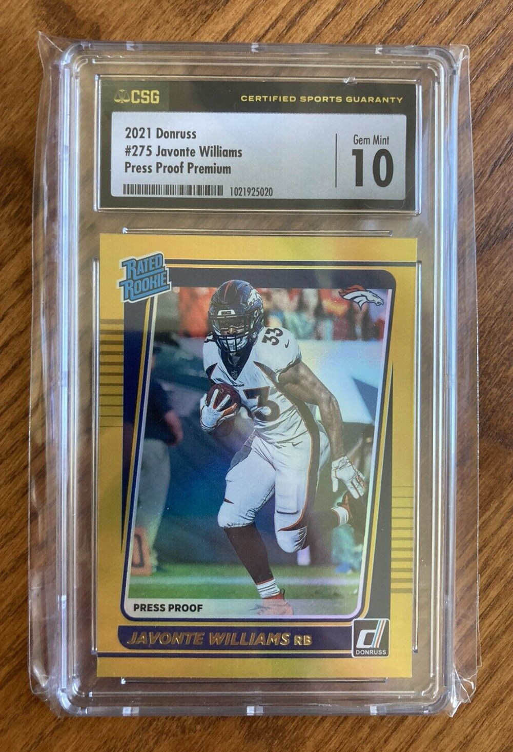 Javonte Williams Panini Donruss #275 Press Proof Gold