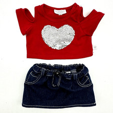Build A Bear Red Heart Silver Gold Flip Sequin Top Denim Jean Skirt Teddy Outfit