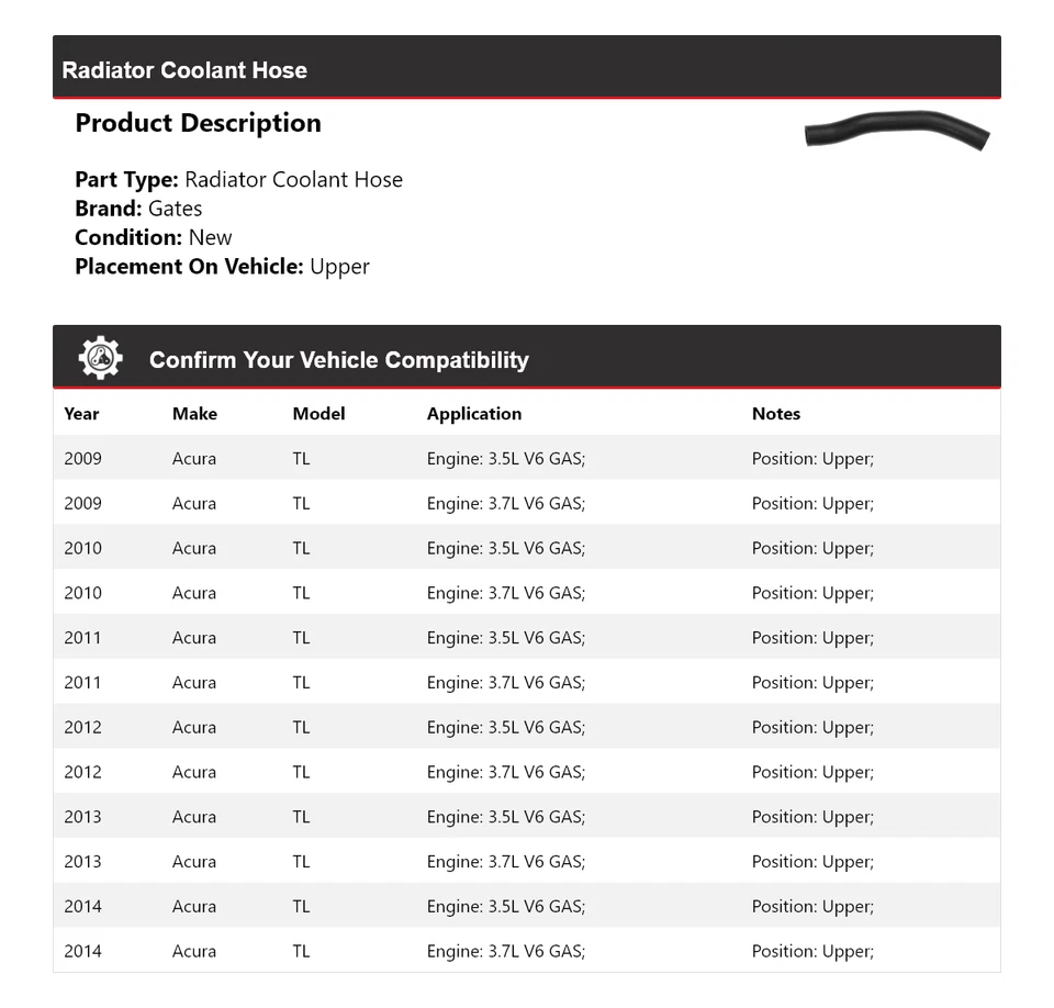 For 2009-2014 Acura TL Radiator Coolant Hose Upper Gates 2010 2011 2012 2013 - Image 2 of 4