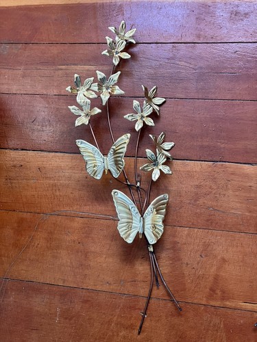 2 Vtg Wall Hanging Butterflies & Flowers Brass Copper Metal Art Sculptures MCM - Picture 3 of 19