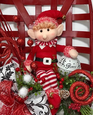 CHRISTMAS ELF RED TOBACCO BASKET FRONT DOOR WREATH HOLIDAY XMAS DECORATION  NEW