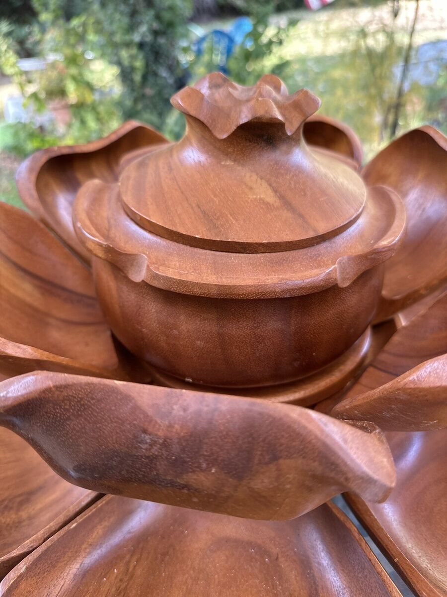 Vintage Monkey Pod Wood Lotus Flower Lazy Susan Hand Carved Vintage Monkey Pod Wood Lotus Flower Lazy Susan Hand Carved