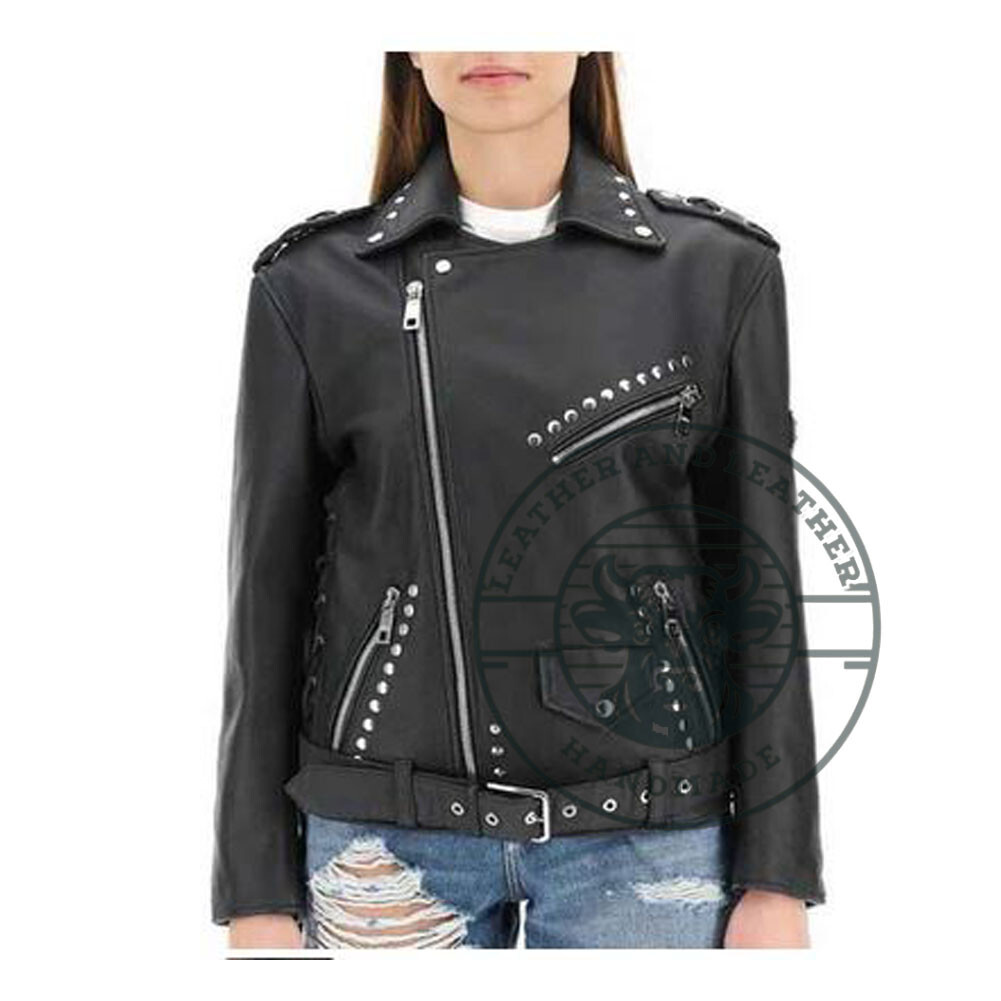 Stylish Studded Genuine Leather Jacket for Women with Side Zipper