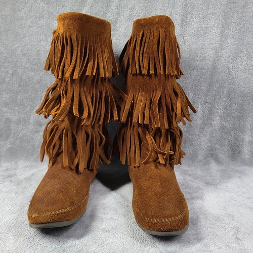 Minnetonka halbhohe Damenstiefel Größe 9 braun Wildleder 3-lagig Fransen - Bild 3 von 9