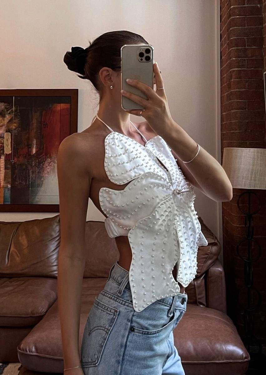 トップス UND 3D FLOWER SKIN TOP ASOS LUXE denim 3D flower top with pearl embellishment in