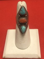 VINTAGE NATIVE AMERICAN NAVAJO STERLING SILVER 925 TURQUOISE CORAL RING SIZE 8