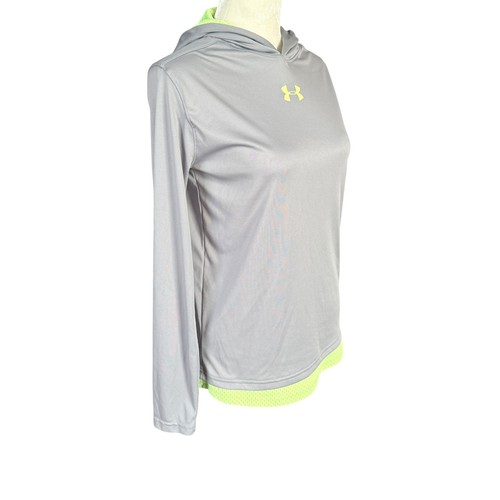 Under Armour loose heatgear gray hooded sweatshirt fluorescent green trim YLG - Picture 2 of 7