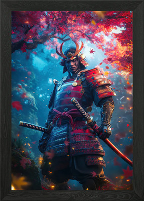Samurai Krieger im Herbst Gerahmtes Wandbild Poster Leinwanddruck Bild