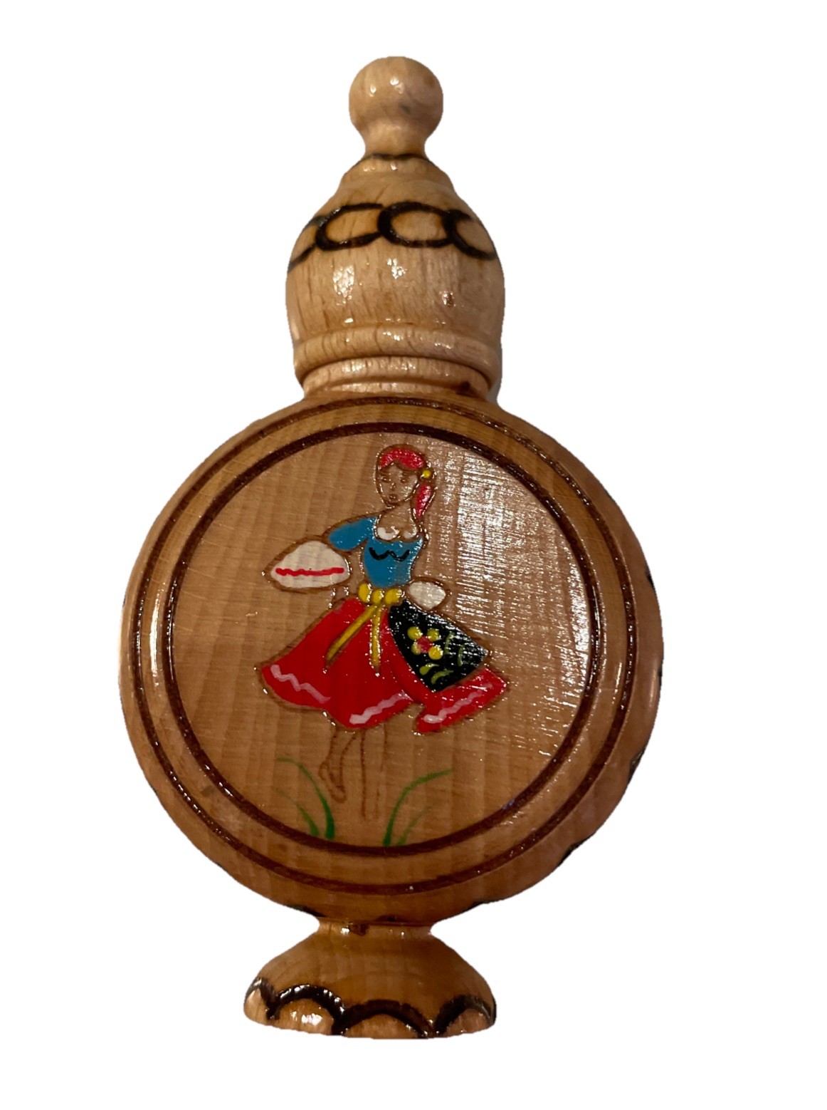 Vintage Bulgarian Small Wooden Bottles With Perfume Holders Folk Motif Set Of 2