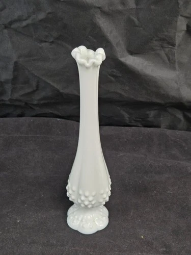VTG Fenton Milk Glass Hobnail Bud Vase 8” Tall Fluted Footed #3756