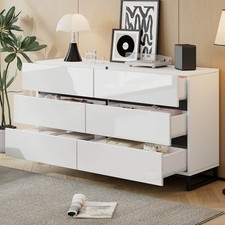 Hochglanz Sideboard Kommode mit 6 Schubladen Metallbeinen Weiß Schwarz 140*79 cm