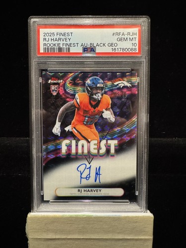 2025 Topps Finest Rj Harvey Black Geometric Rookie Auto /10 Denver Bronco PSA 10