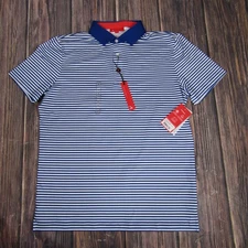 Redvanly Polo Shirt Mens Medium PUREpoly Mazarine Golf Stretch Striped Blue Whit