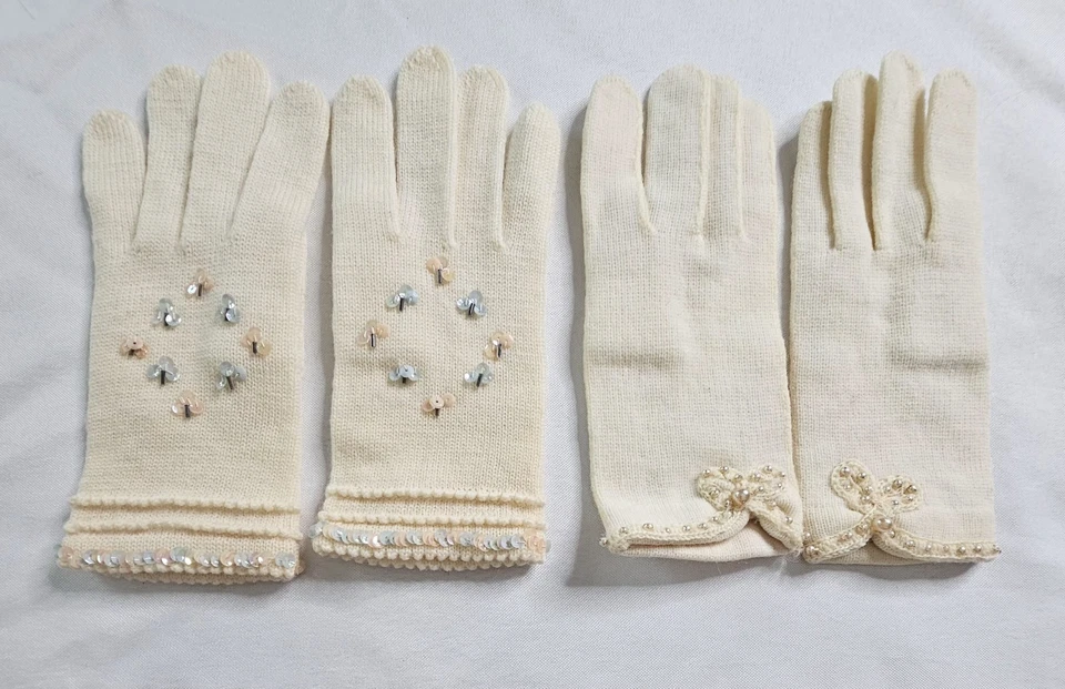 Lote de 2 guantes vintage de punto crema para niña - lentejuelas y lazos con cuentas Japón Foto 2 de 4