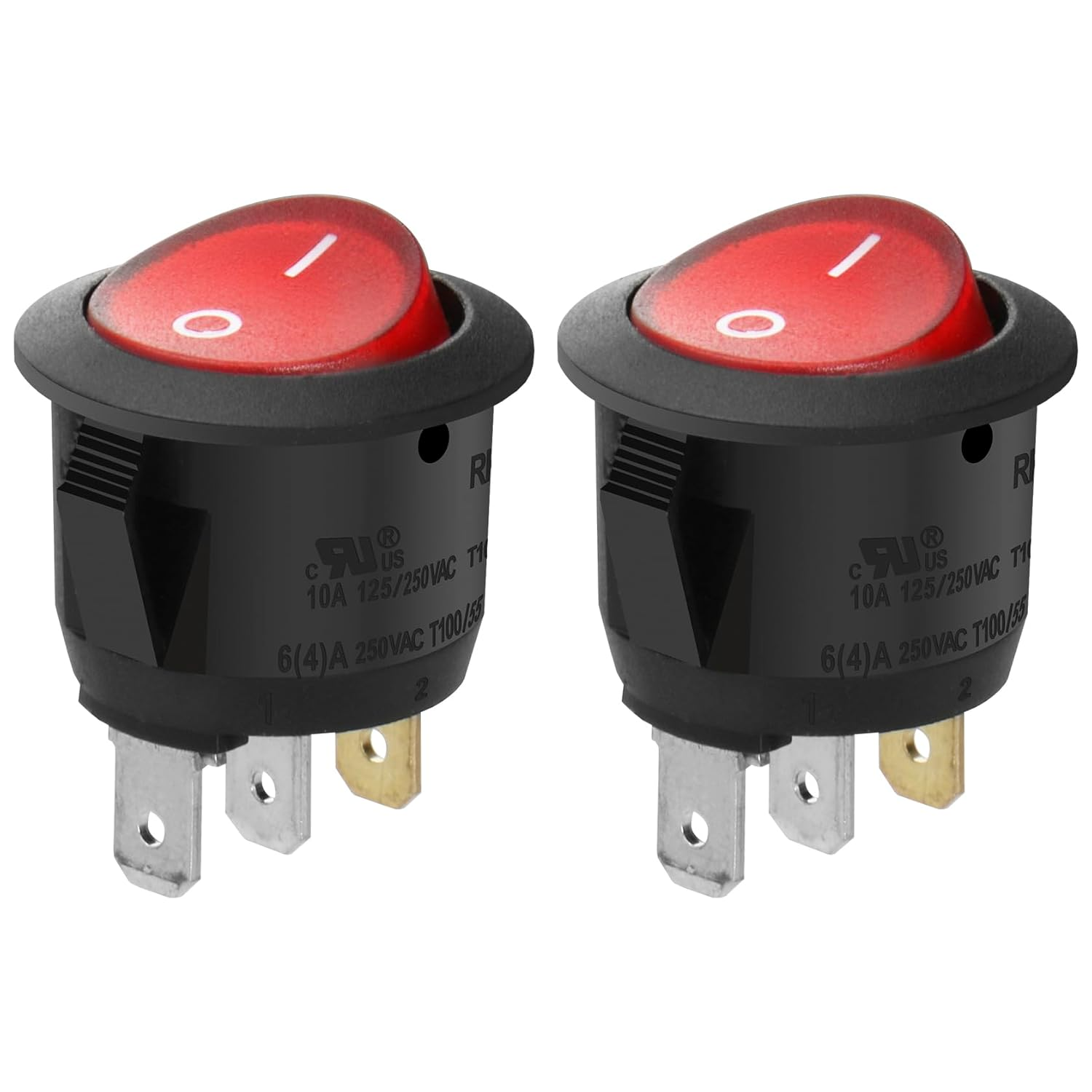 round Rocker Switch ON-OFF SPST 3 Terminals Red Light 10A 250VAC 2Pack