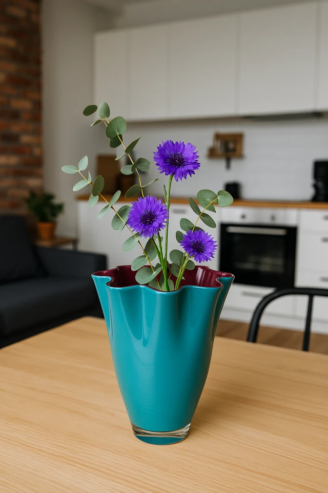 Vase Glas gewellt lila türkis Glasvase Blumenvase mundgeblasen Tischvase - Bild 3 von 4